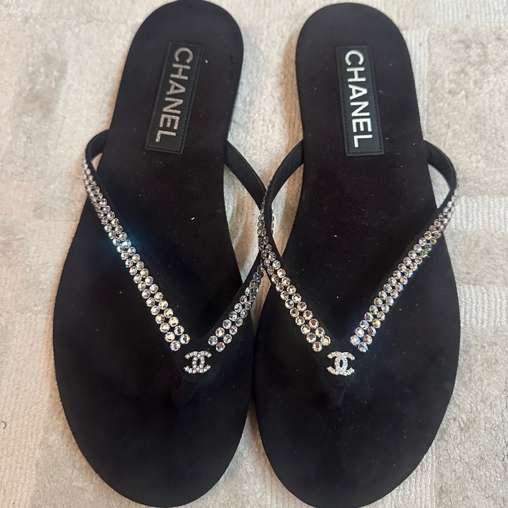 Chanel Black Sandals with Crystal Accents